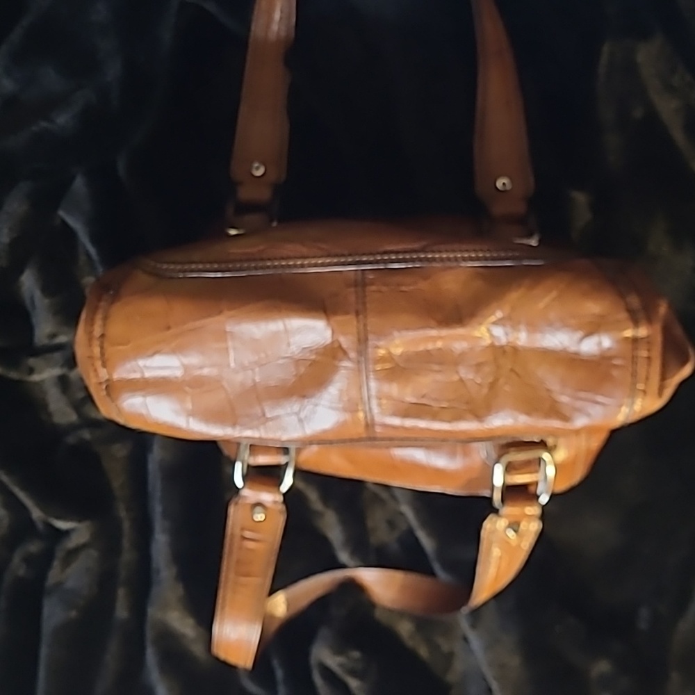 FOSSIL Croc Embossed Leather Shoulder Bag Purse 12" x 8" - Brown - Picture 14 of 16
